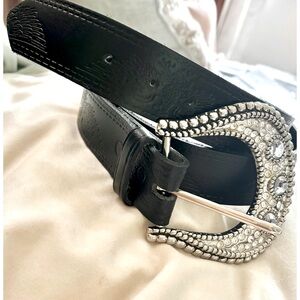 Western Style Black Belt Big Silver Buckle Embellished With Rhinestones -LG